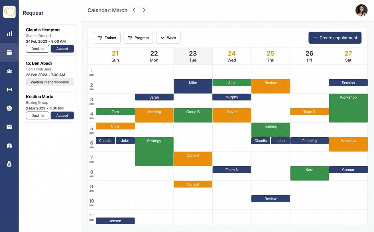 Team calendar view with shared visibility across coaches