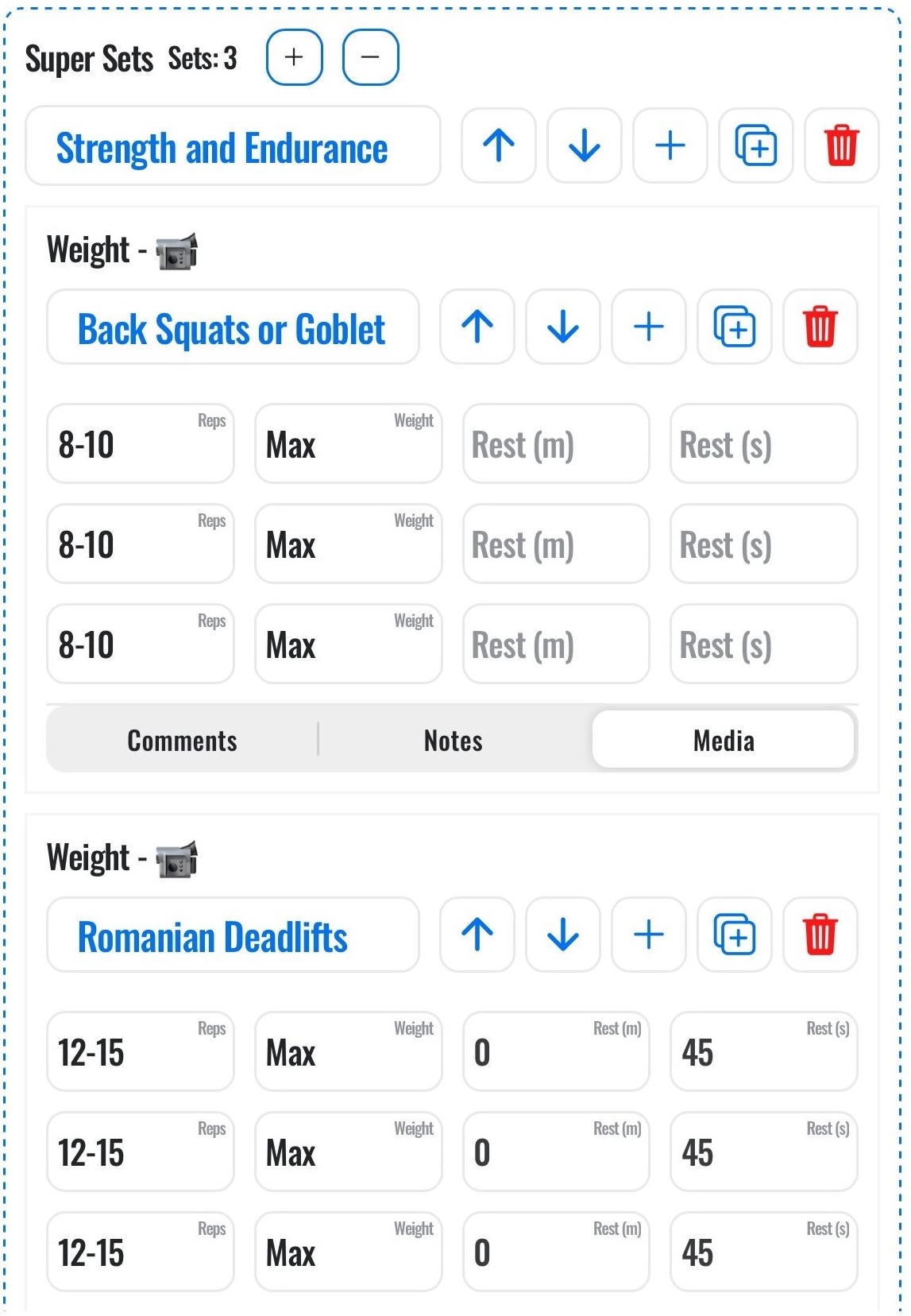 Interface showing drag-and-drop workout builder
